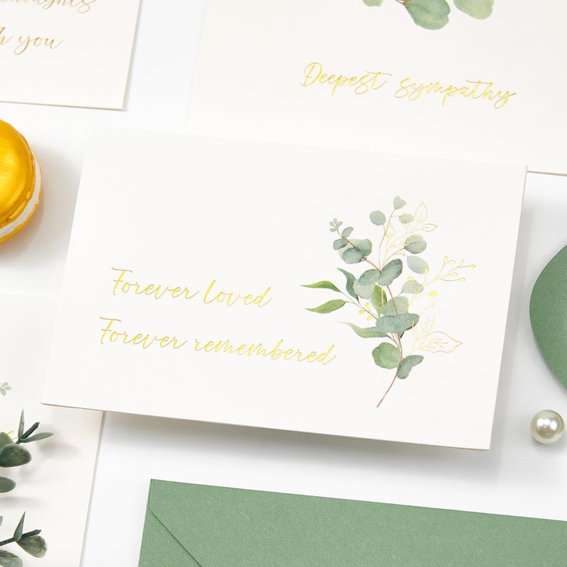 Crisky 4 Pack Greenery Gold Foil Sympathy Cards with Envelopes Sealed 4 Assortment Condolence/Bereavement Cards - Image 4